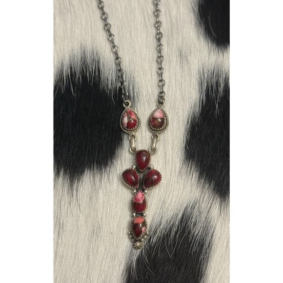 Native American Sterling Silver Multistone Red Rose Dahlia Lariat Necklace 18” - Picture 10 of 11